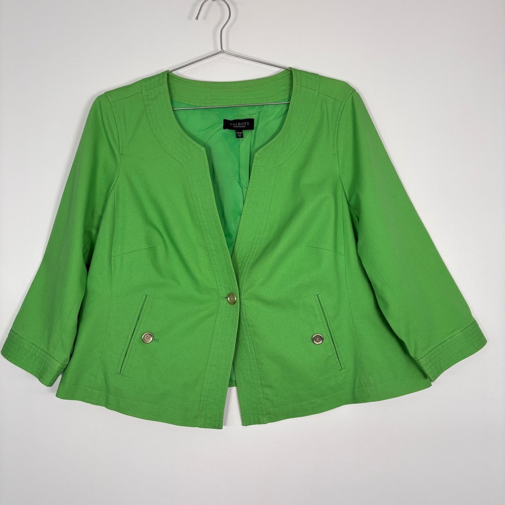Talbots Women Jacket 20WP Green Cotton Blend Open Front 3/4 Sleeve Blazer Career